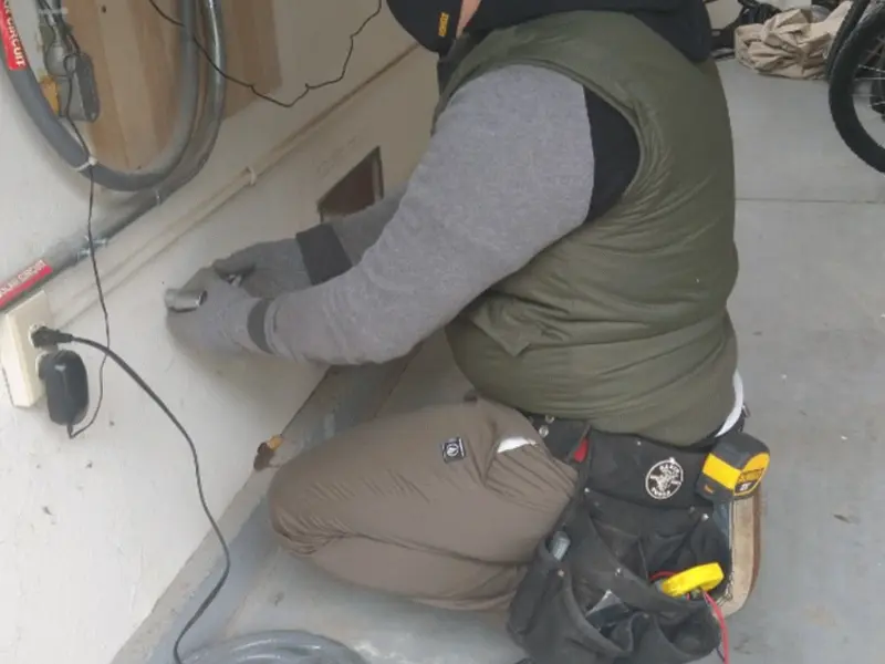 Electrician performing outlet wiring in a Odenville garage